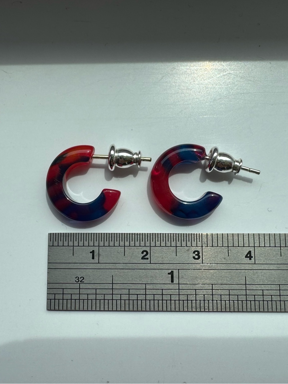 Red and Navy Marbled acetate Hoop Earrings